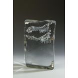 ALFREDO BARBINI: A RECTANGULAR CLEAR BLOCK GLASS SCULPTURE, with two internal shrimps, with engraved