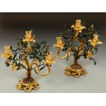 A PAIR OF 19TH CENTURY ORMOLU AND TOLE PEINT THREE BRANCH CANDELABRUM, in Louis XV style, each