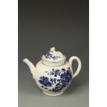 A WORCESTER BLUE AND WHITE PORCELAIN TEAPOT AND COVER, 'Fence' pattern, crescent mark on
