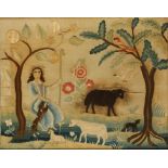 A SILK WORK PICTURE of a shepherdess seated beneath a tree with sheep and animals surrounding her,