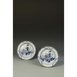 A PAIR OF ENGLISH PEARLWARE PLATES, with blue chinoiserie decoration, in moulded borders, 18th