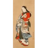TWO JAPANESE WOODBLOCK PRINTS, one of a geisha after Chiknobu, 13.5" x 6.25"; the other of a boy