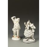 SITZENDORF: A WHITE GLAZED PORCELAIN GROUP OF PIERROT AND A FEMALE COMPANION highlighted in black,