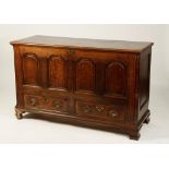 AN OAK MULE CHEST with four panelled front above two short drawers, on bracket feet, George II,