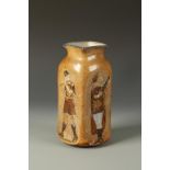 MARTIN BROTHERS: A STONEWARE VASE of rectangular form decorated in relief with figures of