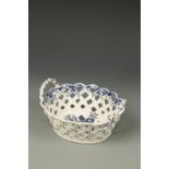 A WORCESTER BLUE AND WHITE PORCELAIN OVAL BASKET, 'Pinecone' pattern with twisted handles and