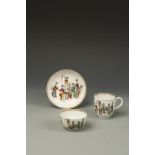 A FIRST PERIOD WORCESTER PORCELAIN TEA BOWL, COFFEE CUP AND SAUCER, printed and polychrome painted