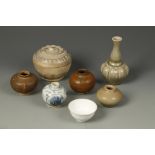 A GROUP OF CHINESE/SOUTHEAST ASIAN CERAMICS: four jarlets, a miniature bowl, an Annamese box and a