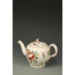 A LEEDS TYPE CREAMWARE TEAPOT, with a foliate finial and interlaced strap handle, polychrome painted