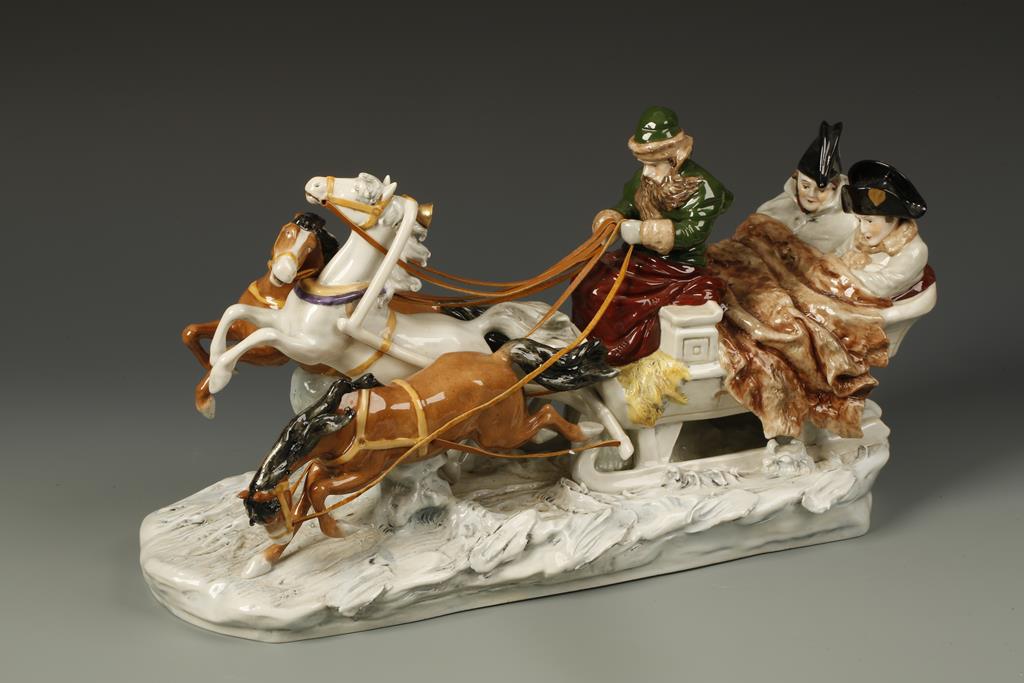 SITZENDORF: A GROUP OF NAPOLEON BONAPARTE AND MARSHALL NEY on board a horse drawn sledge