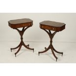 A PAIR OF MAHOGANY SIDE TABLES, the shaped tops with single drawers on turned columns and splayed
