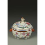 A CHINESE FAMILLE ROSE COVERED TUREEN with a crown finial and floral decoration, Qing, 18thC, 11"