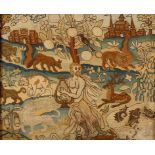 A FINELY WORKED NEEDLEWORK PICTURE OF ORPHEUS PLAYING A HARP surrounded by animals in a stylised