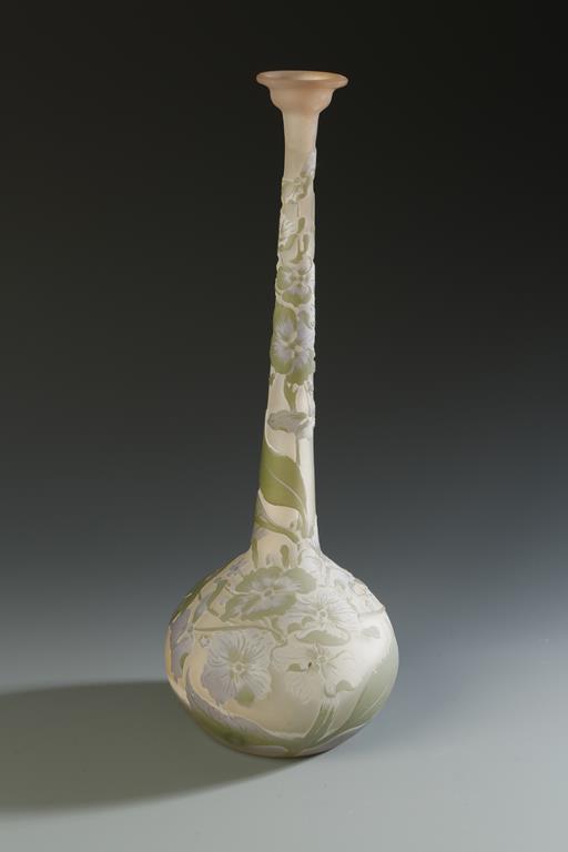 A CAMEO GLASS VASE, with green and lilac floral decoration, with signature 'Galle', 12" high