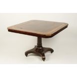 A MAHOGANY, SATINWOOD AND ROSEWOOD VENEERED OCCASIONAL TABLE with radiating bands of veneer on a