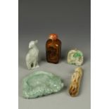 A CHINESE JADEITE PENDANT, a dragon garment hook, a bird figure, a washer and a snuff bottle, 2" -
