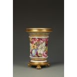 AN ENGLISH PORCELAIN CYLINDRICAL SPILL VASE with flared rim, polychrome painted with flowers and