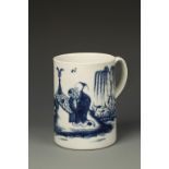 A WORCESTER BLUE AND WHITE PORCELAIN MUG, 'Gardener' pattern, crescent mark on underside, circa