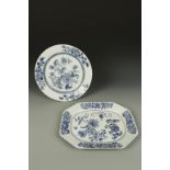 A CHINESE BLUE AND WHITE DISH AND OCTAGONAL CHARGER, decorated with flowers, Qianlong, 15.5" dia.