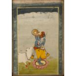 AN INDIAN MINIATURE PAINTING, showing a deity with a cow, inscriptions verso, gouache, 5.5" x 3.