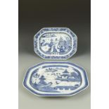 TWO CHINESE OCTAGONAL BLUE AND WHITE SERVING DISHES, decorated with landscapes, Qianlong, 14.75" and