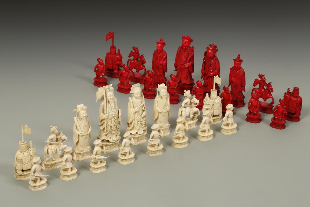 A CHINESE CANTON IVORY CHESS SET, the kings and queens modelled as Chinese Emperors and Empresses,