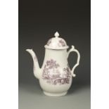 A WORCESTER BALUSTER SHAPED COFFEE POT AND COVER, painted in purple with figures in ruins and an