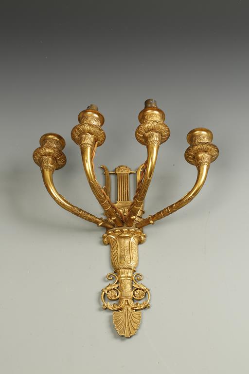 A FOUR BRANCH CHARLES X STYLE ORMOLU WALL LIGHT, 11.5" high