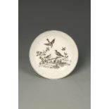 A WORCESTER PORCELAIN SAUCER, printed in black, with birds and a fence in landscape, with a black