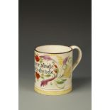 A CREAMWARE MUG, with polychrome painted floral decoration, and inscription 'Let love abide, ‘til