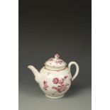 A WORCESTER PORCELAIN TEAPOT AND COVER with painted pink flowers on white ground, 18th century, 6"