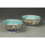 TWO CHINESE FAMILLE ROSE BOWLS, decorated with birds and flowers, Qing, 19thC, 7" wide (2)