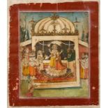 AN INDIAN PAHARI STYLE PAINTING, showing Vishnu with Lakshmi and attendants, gouache, 12" x 10"