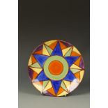 CLARICE CLIFF: AN ORIGINAL BIZARRE PATTERN PLATE with geometric coloured pattern, printed Newport