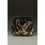 A STAFFORDSHIRE SLIPWARE BAKING DISH, decorated in trail slip with a running chicken, and dated