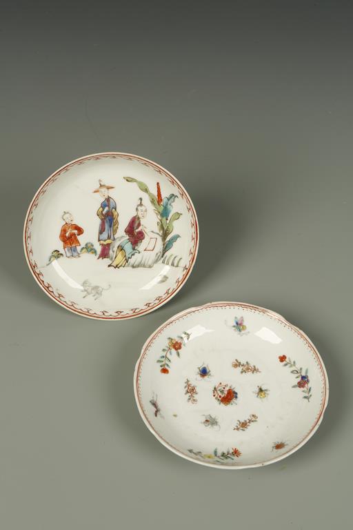 TWO CHINESE FAMILLE ROSE SAUCERS, one decorated with figures, the other with insects and flowers,