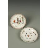 TWO CHINESE FAMILLE ROSE SAUCERS, one decorated with figures, the other with insects and flowers,