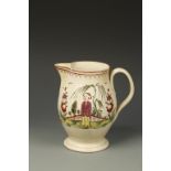 A CREAMWARE SPARROWBEAK JUG, naively painted in polychrome, with a Chinese figure in landscape, 7"