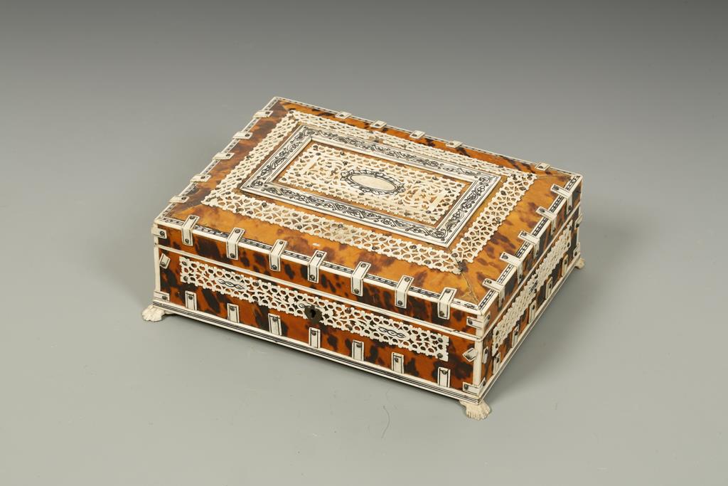 A VIZAGAPATAM TYPE INDIAN TORTOISESHELL AND IVORY WORK BOX, 8.75" wide