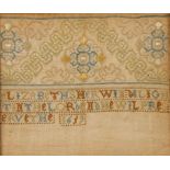 A NEEDLEWORK 'BAND' SAMPLER FRAGMENT, worked with a single horizontal band of stylised foliage and
