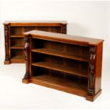 A PAIR OF REGENCY STYLE BURR OAK BOOKCASES with open shelves and monopodia supports, 56" wide