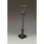 A LORESTAN STYLE BRONZE IDOL, the sectional column with a conjoined-creature finial, 12.5" high