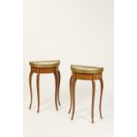 A PAIR OF LOUIS XVI STYLE SIDE TABLES with marble tops, ormolu mounts and chequered stringing,