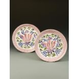 A PAIR OF COPELAND SPONGEWARE CHRAGERS, with painted floral decoration, within a pink border, 19th