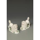 A PAIR OF CONTINENTAL MODELS OF BEGGING POODLES, with granitic decoration on mound base, 2.5" high