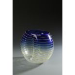 BARBINI: AN ABSTRACT BLUE AND WHITE GLASS VASE, with trailed yellow decoration with engraved