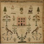 A NEEDLEWORK SAMPLER by A Hughes, dated 1827, worked with a building 'Llandrillo School', surrounded