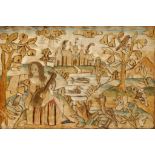 A SILK WORK PICTURE of a figure playing a lute with a 'Nonesuch' type palace to the distance,