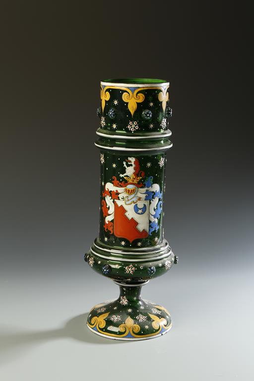 A GERMAN GREEN GLASS VASE, with painted armorial, 14.25" high