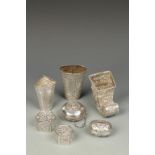 A GROUP OF SEVEN BURMESE/CHINESE SILVER VESSELS, including two small hexagonal boxes, three curved
